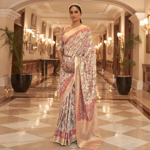 Cream Partywear Digital Printed Silk Saree