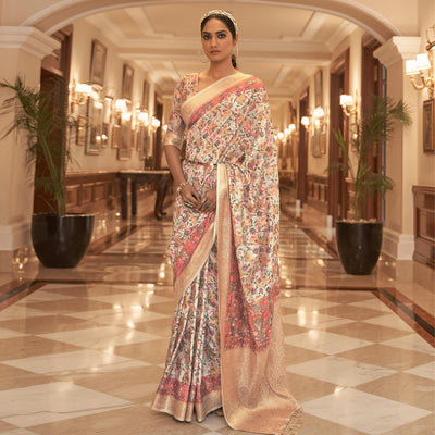 Cream Partywear Digital Printed Silk Saree
