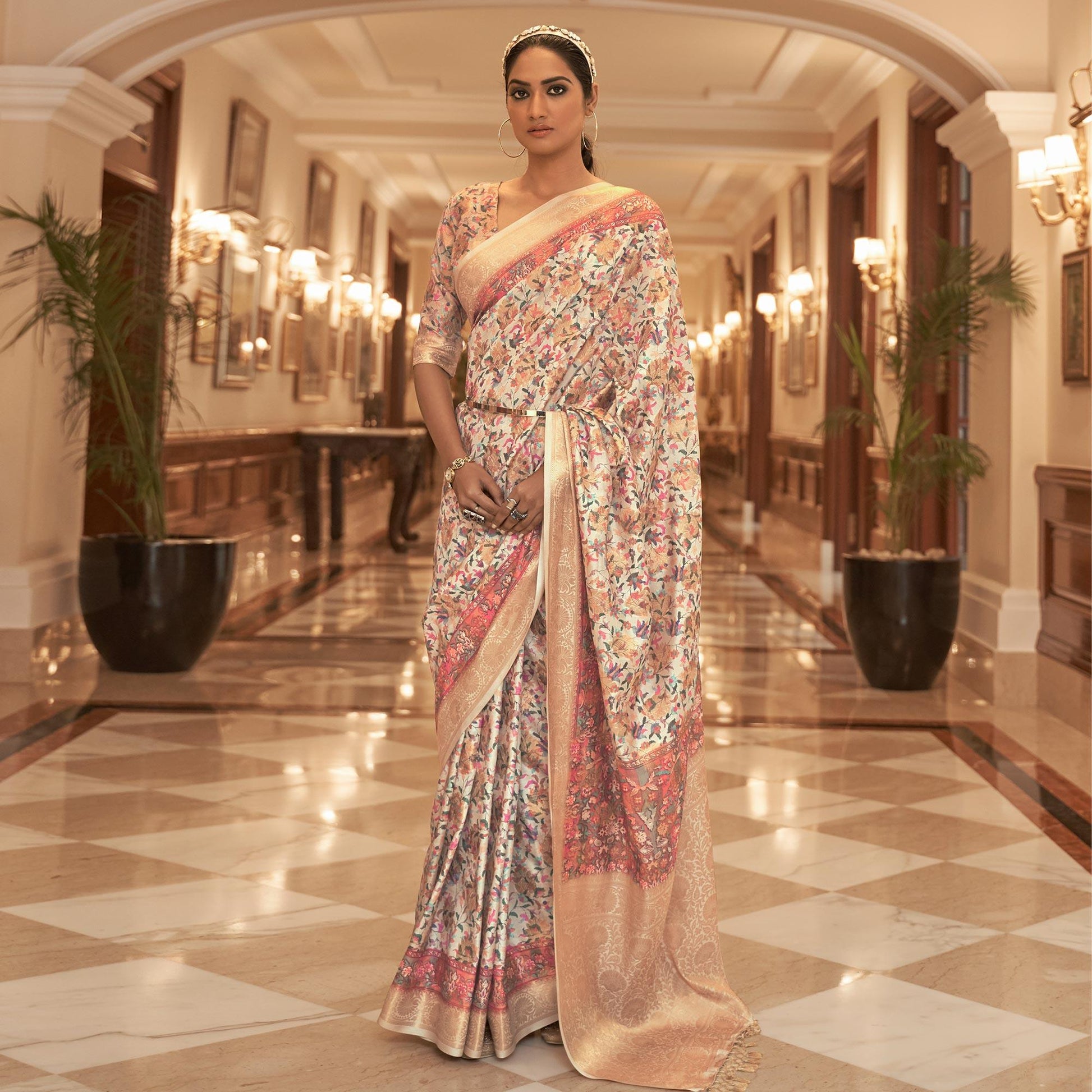 Cream Partywear Digital Printed Silk Saree