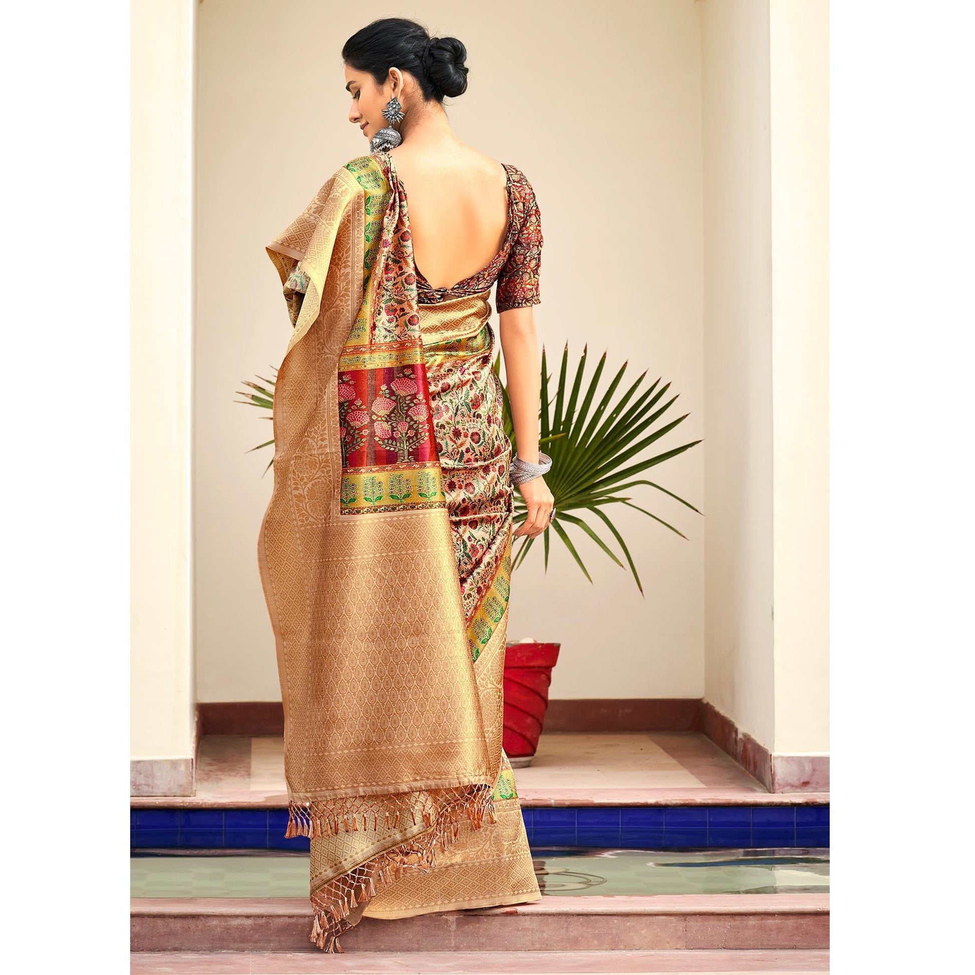 Cream Partywear Digital Printed Silk Saree