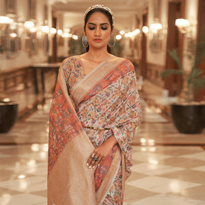 Cream Partywear Digital Printed Silk Saree