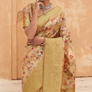 Cream Partywear Digital Printed Silk Saree