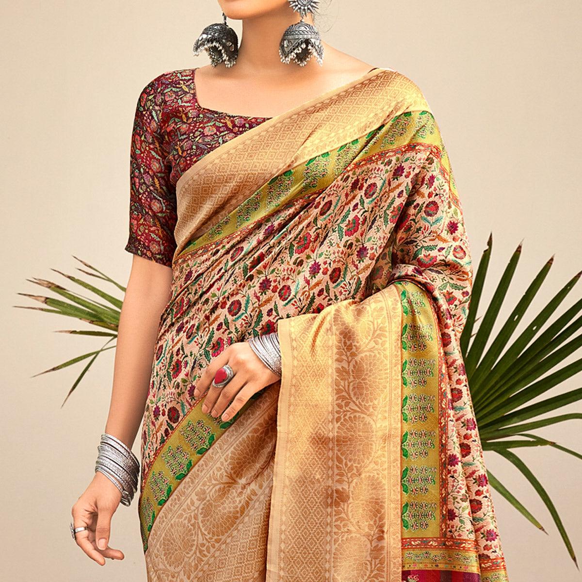 Cream Partywear Digital Printed Silk Saree
