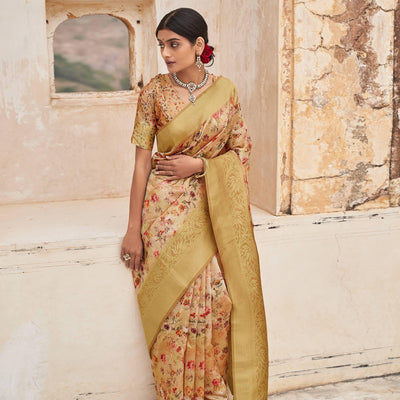 Cream Partywear Digital Printed Silk Saree