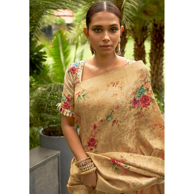Cream Partywear Digital Printed Silk Saree