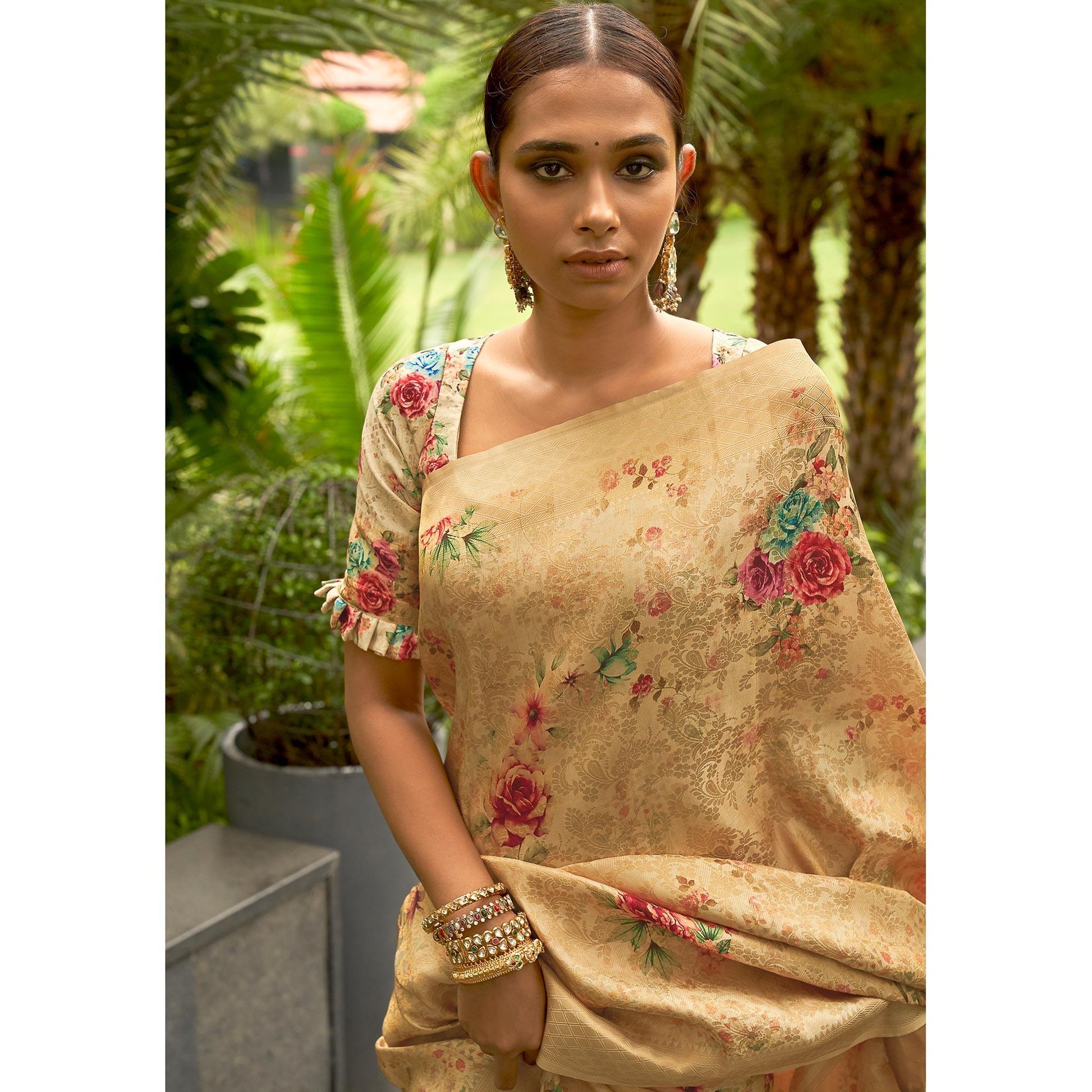 Cream Partywear Digital Printed Silk Saree