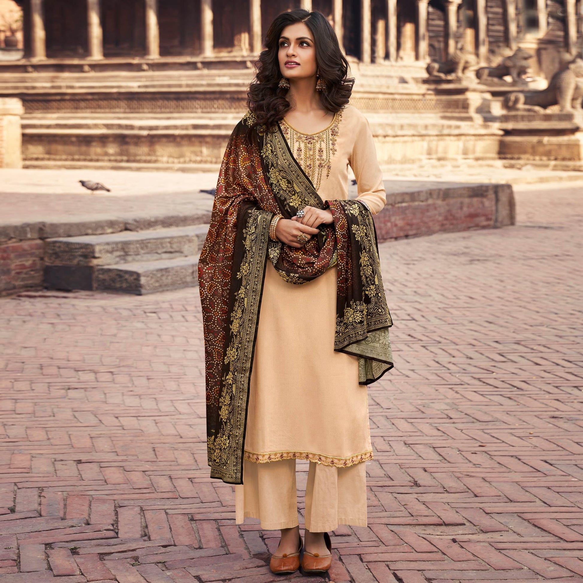 Cream Partywear Embroidered Chinon chiffon Suit