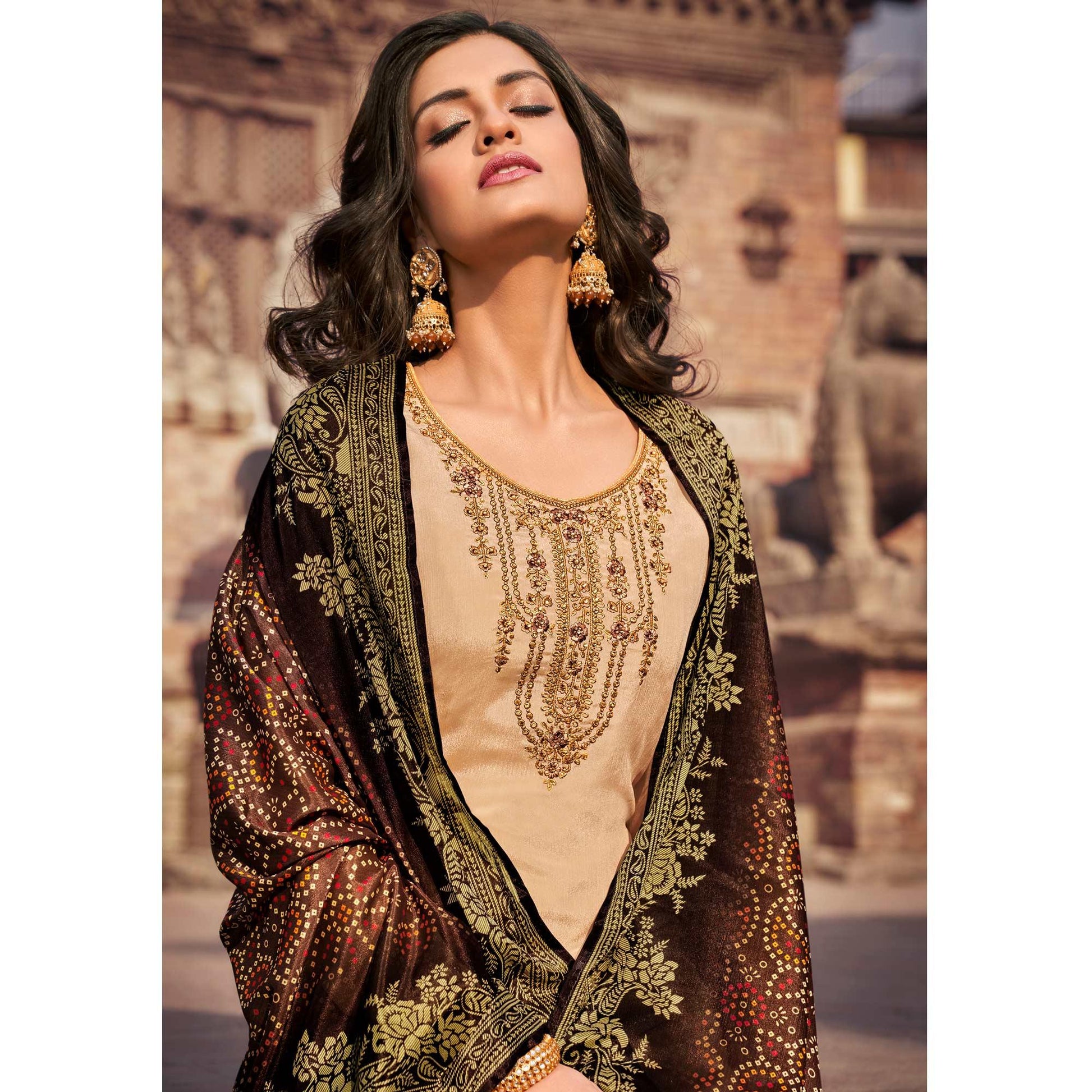 Cream Partywear Embroidered Chinon chiffon Suit
