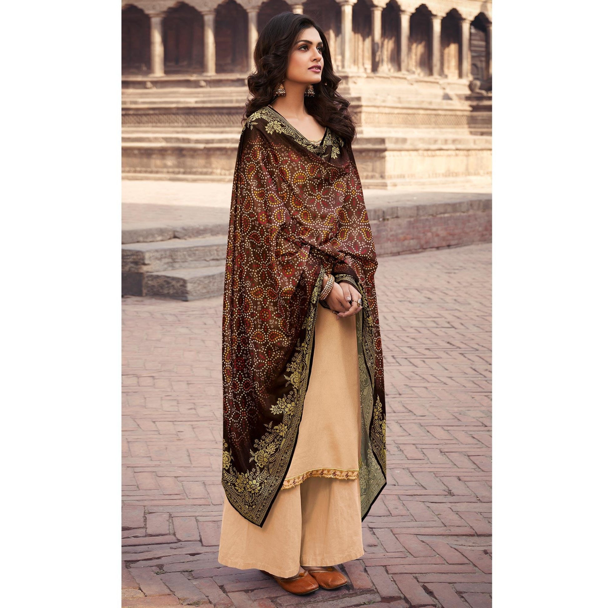 Cream Partywear Embroidered Chinon chiffon Suit