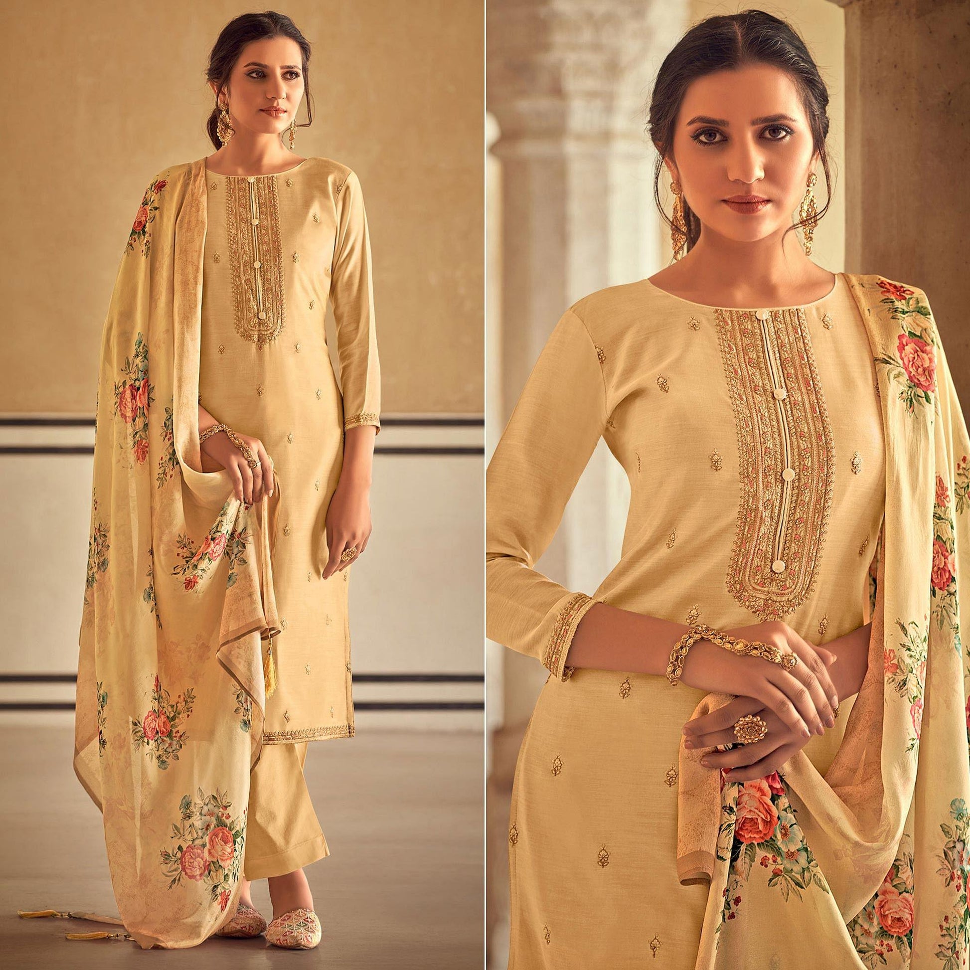 Cream Partywear Embroidered Cotton Silk Suit
