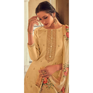 Cream Partywear Embroidered Cotton Silk Suit