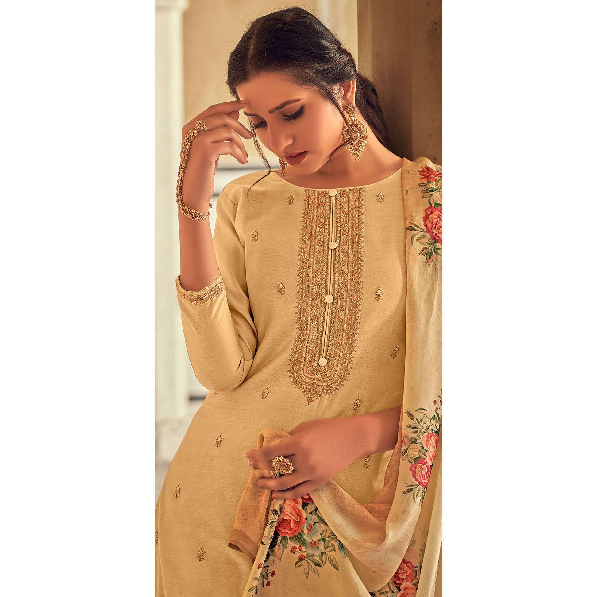 Cream Partywear Embroidered Cotton Silk Suit