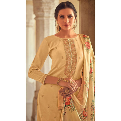 Cream Partywear Embroidered Cotton Silk Suit