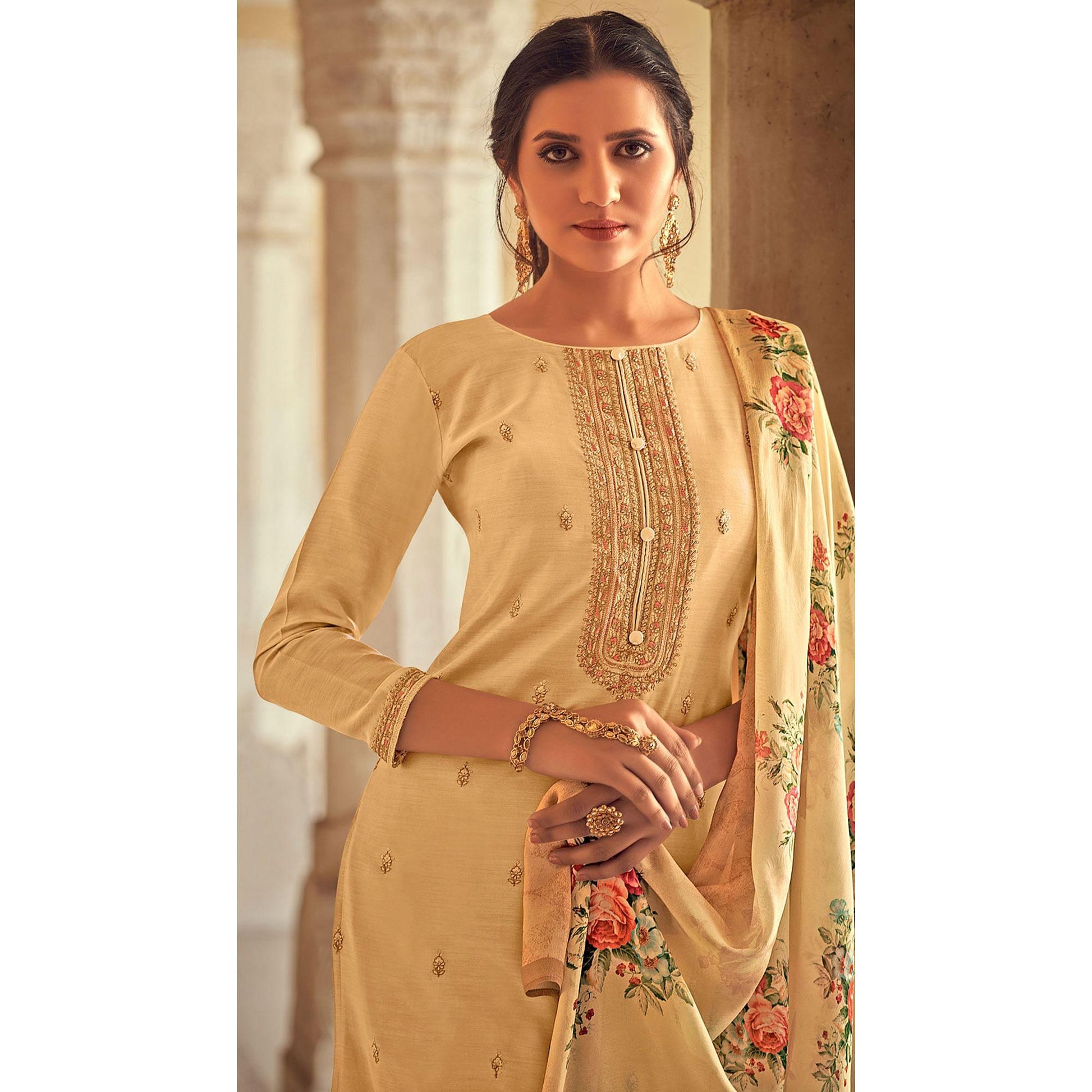 Cream Partywear Embroidered Cotton Silk Suit
