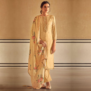 Cream Partywear Embroidered Cotton Silk Suit