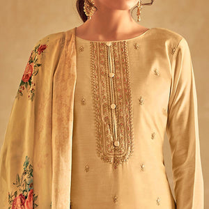 Cream Partywear Embroidered Cotton Silk Suit