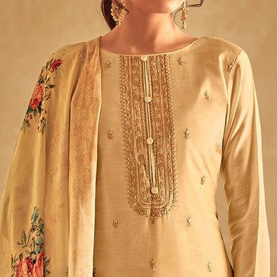 Cream Partywear Embroidered Cotton Silk Suit