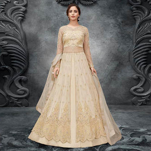 Cream Partywear Embroidered Handwork Soft Net Gown