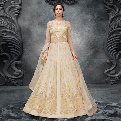 Cream Partywear Embroidered Handwork Soft Net Gown