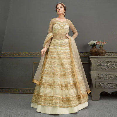 Cream Partywear Embroidered Handwork Soft Net Gown