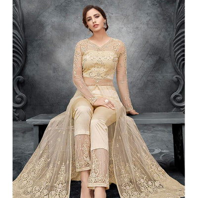 Cream Partywear Embroidered Handwork Soft Net Gown