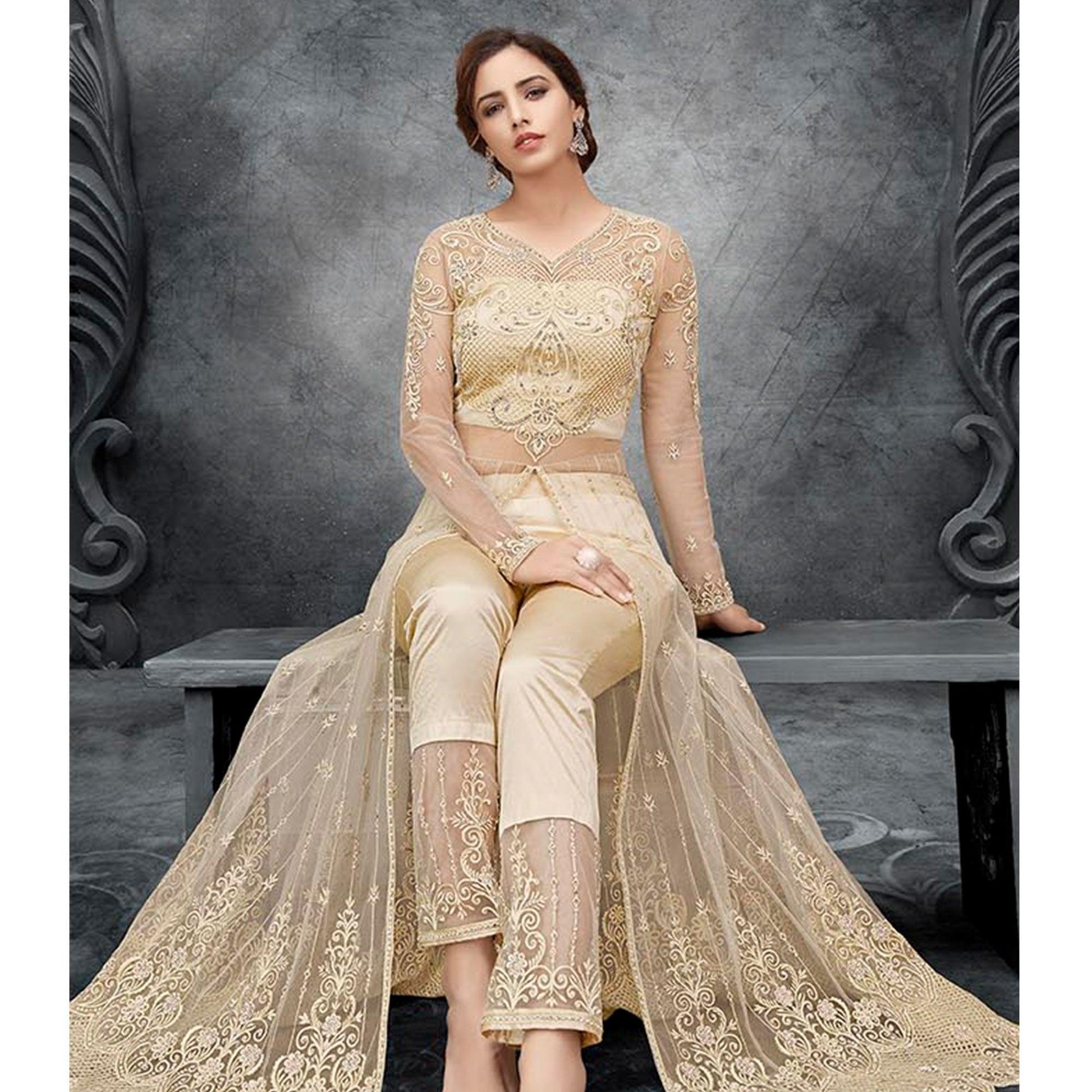 Cream Partywear Embroidered Handwork Soft Net Gown