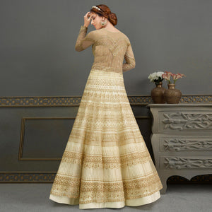 Cream Partywear Embroidered Handwork Soft Net Gown