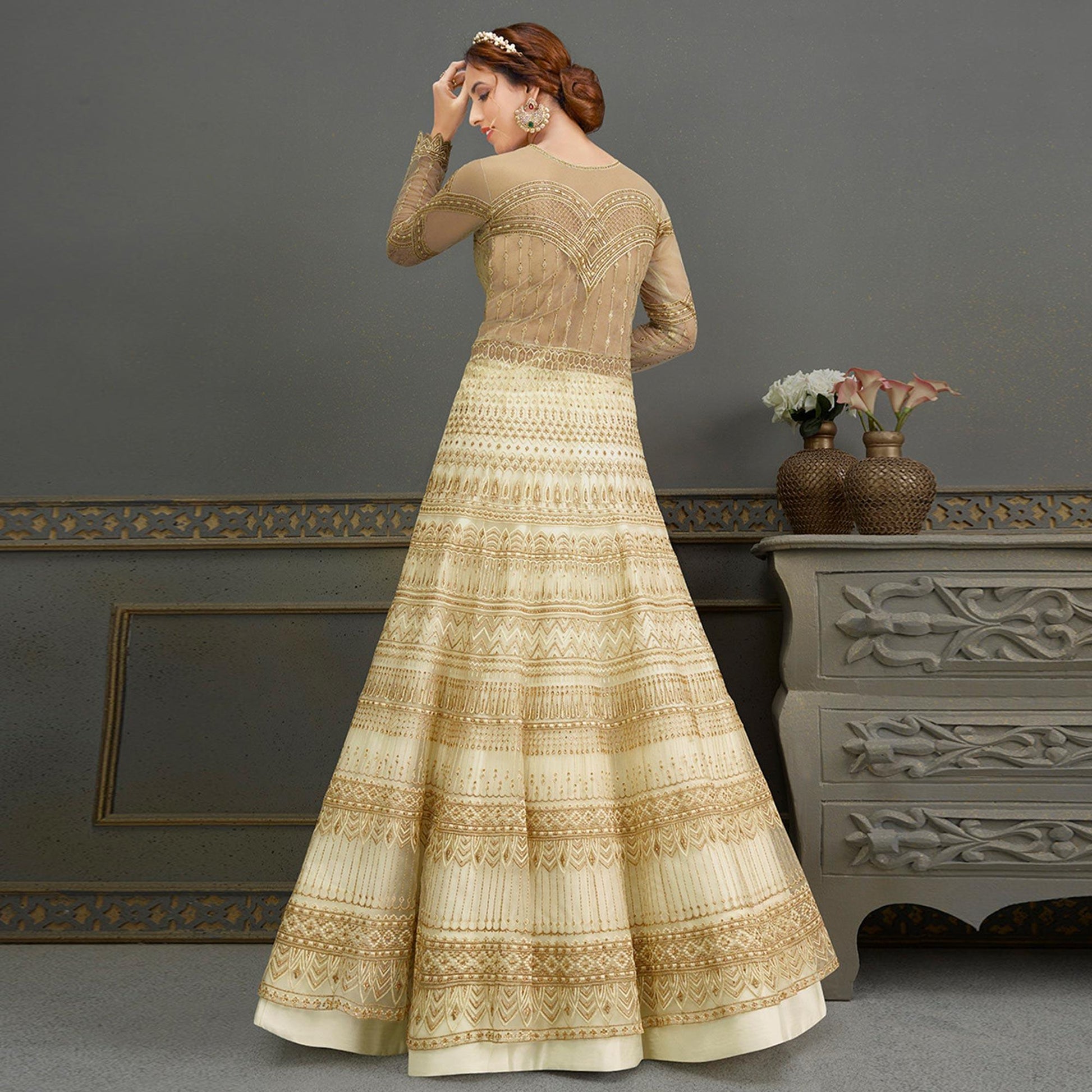 Cream Partywear Embroidered Handwork Soft Net Gown