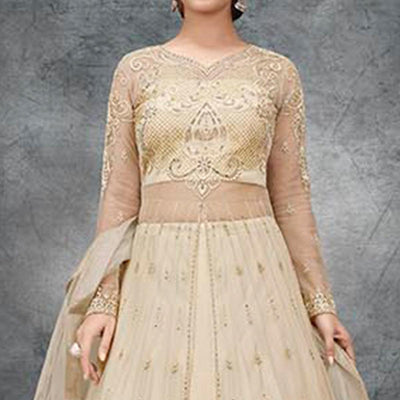 Cream Partywear Embroidered Handwork Soft Net Gown