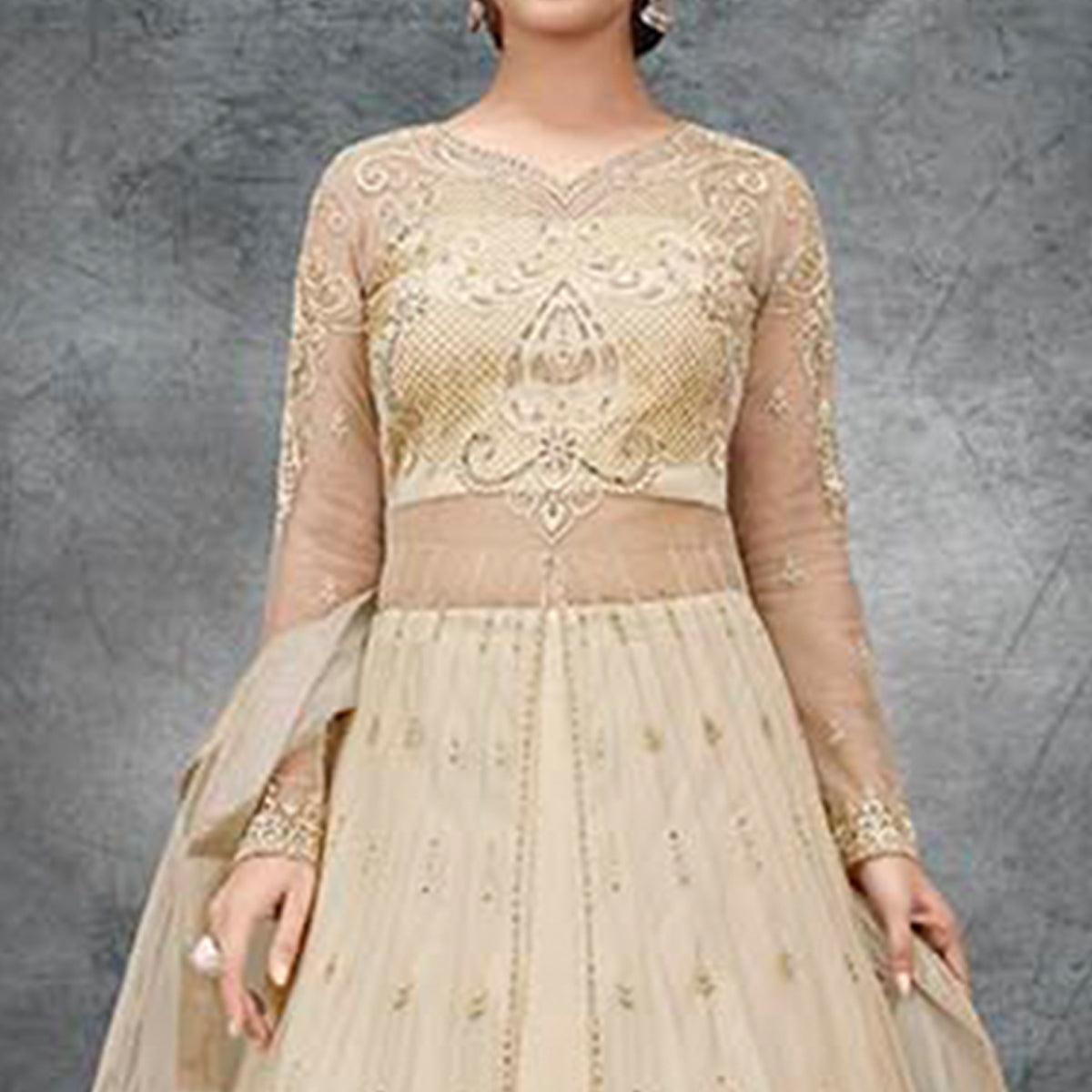 Cream Partywear Embroidered Handwork Soft Net Gown