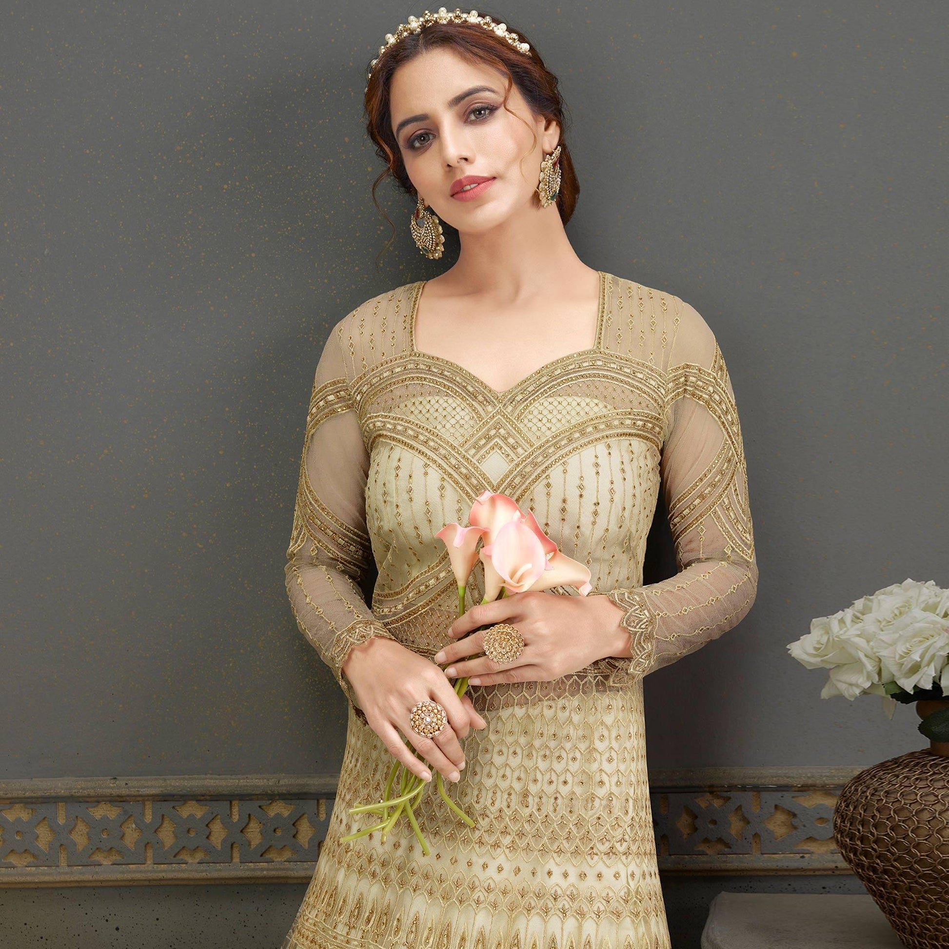 Cream Partywear Embroidered Handwork Soft Net Gown
