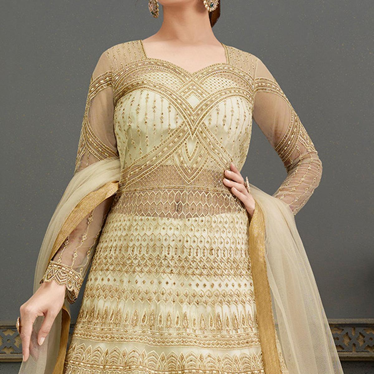 Cream Partywear Embroidered Handwork Soft Net Gown