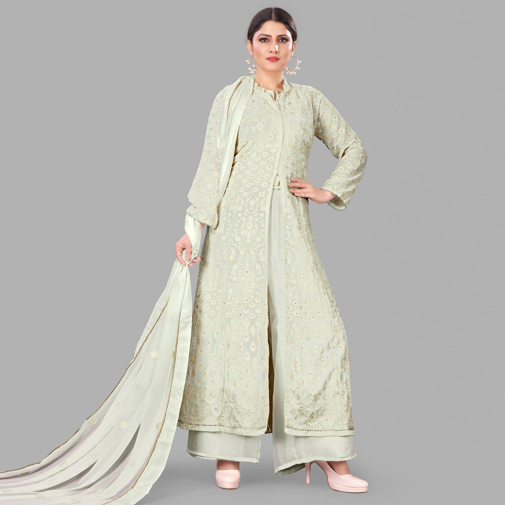 Cream Partywear Embroidered Heavy Faux Georgette A line Anarkali  suit