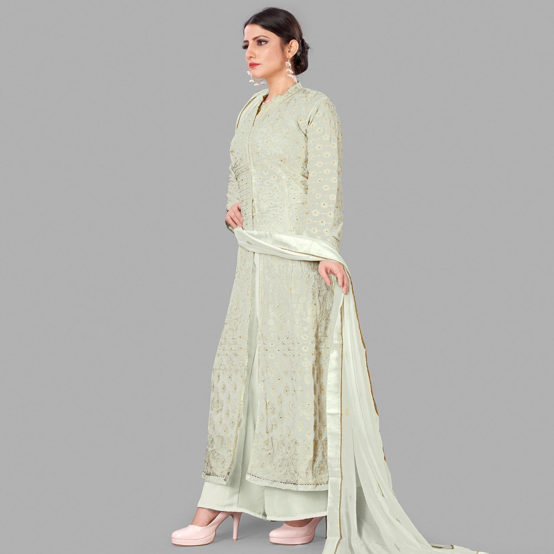 Cream Partywear Embroidered Heavy Faux Georgette A line Anarkali  suit