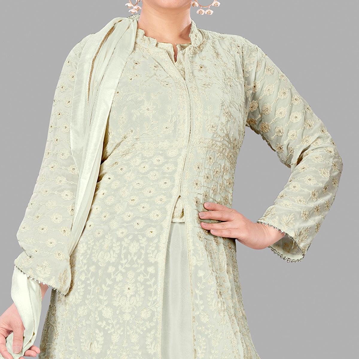 Cream Partywear Embroidered Heavy Faux Georgette A line Anarkali  suit