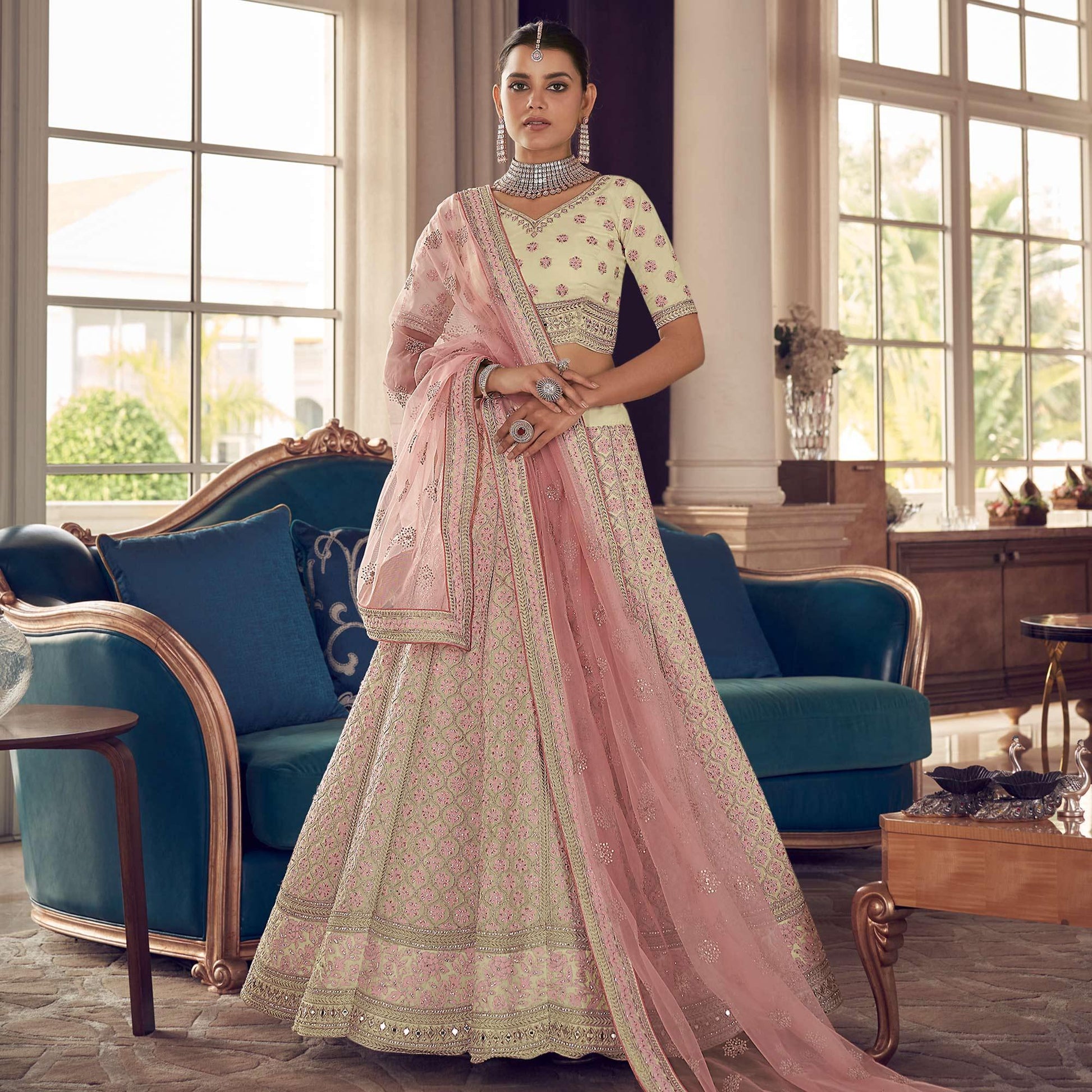 Cream Partywear Embroidered Organza Lehenga Choli