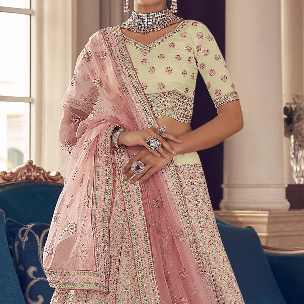 Cream Partywear Embroidered Organza Lehenga Choli
