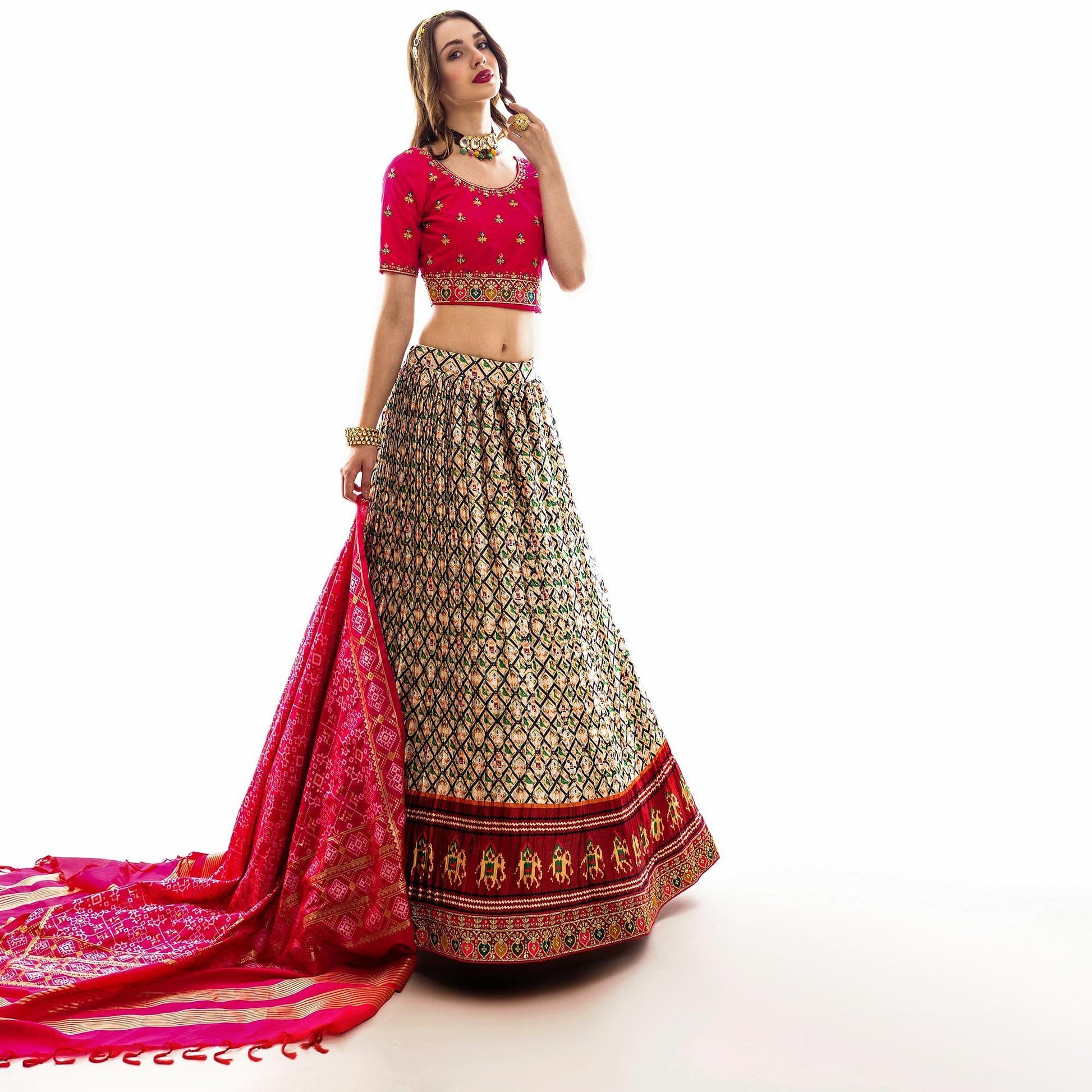 Cream Partywear Embroidered Satin Lehenga Choli