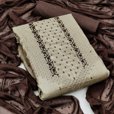Cream Partywear Embroidered Silk Dress Material