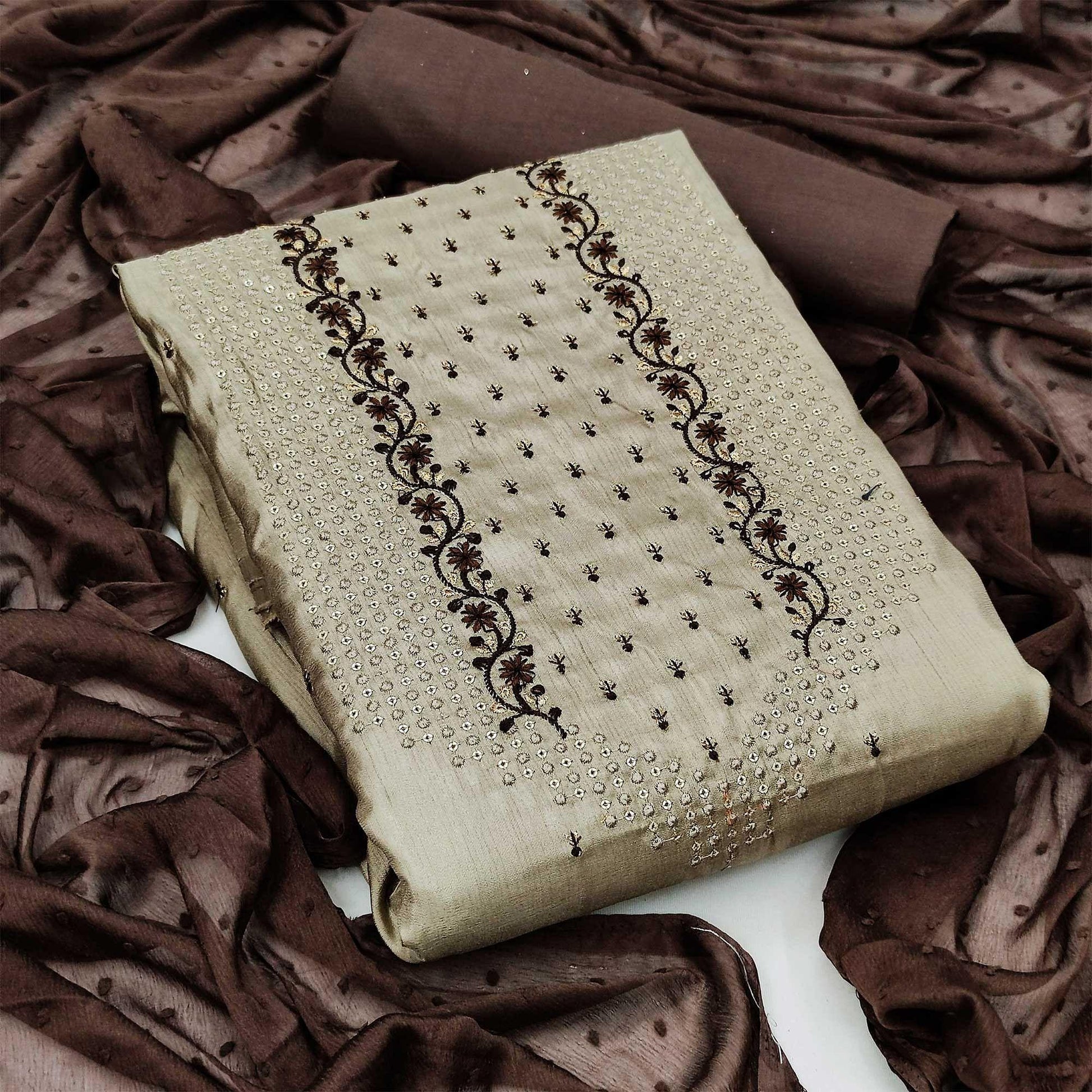Cream Partywear Embroidered Silk Dress Material