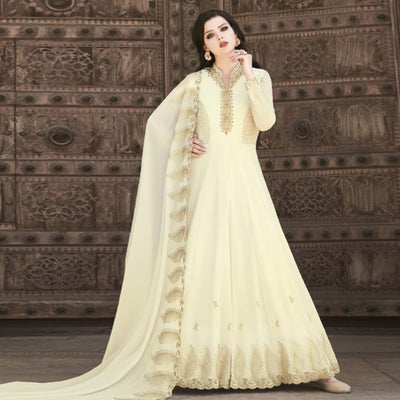Cream Partywear Embroidered Soft Georgette Suit