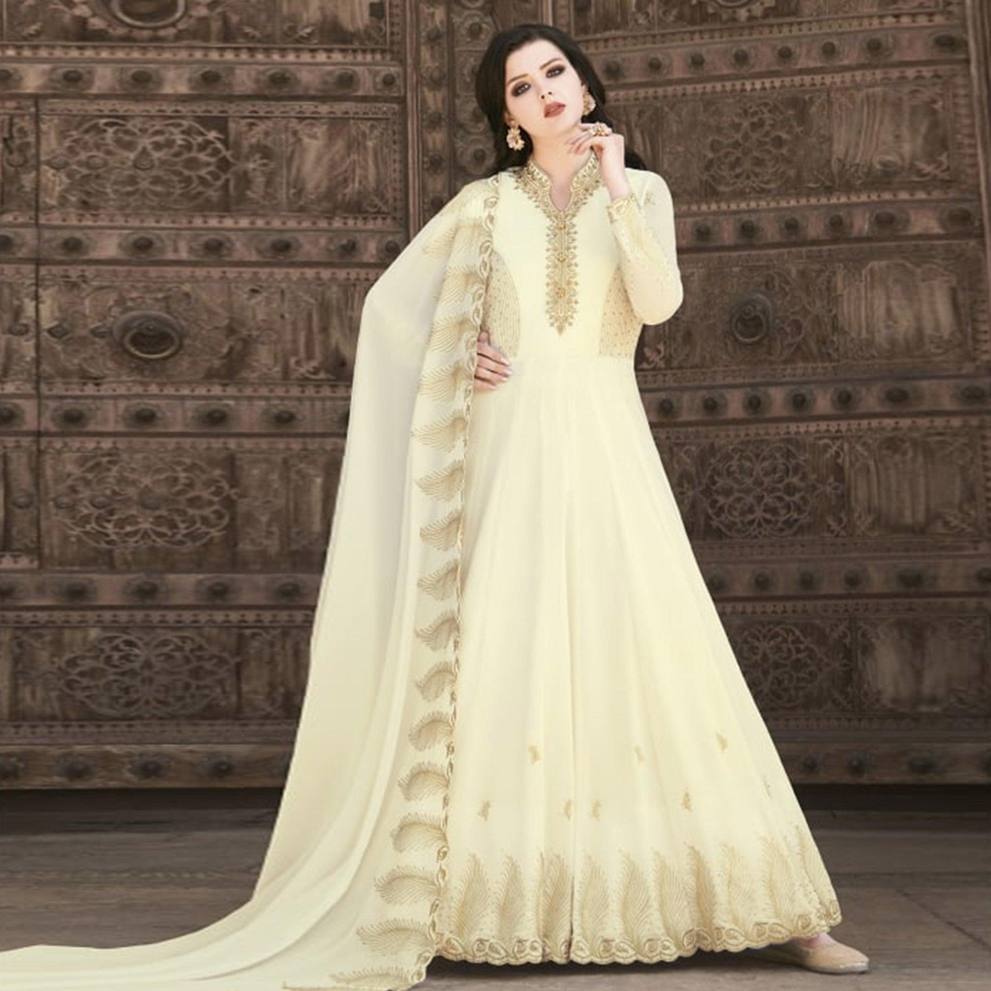 Cream Partywear Embroidered Soft Georgette Suit