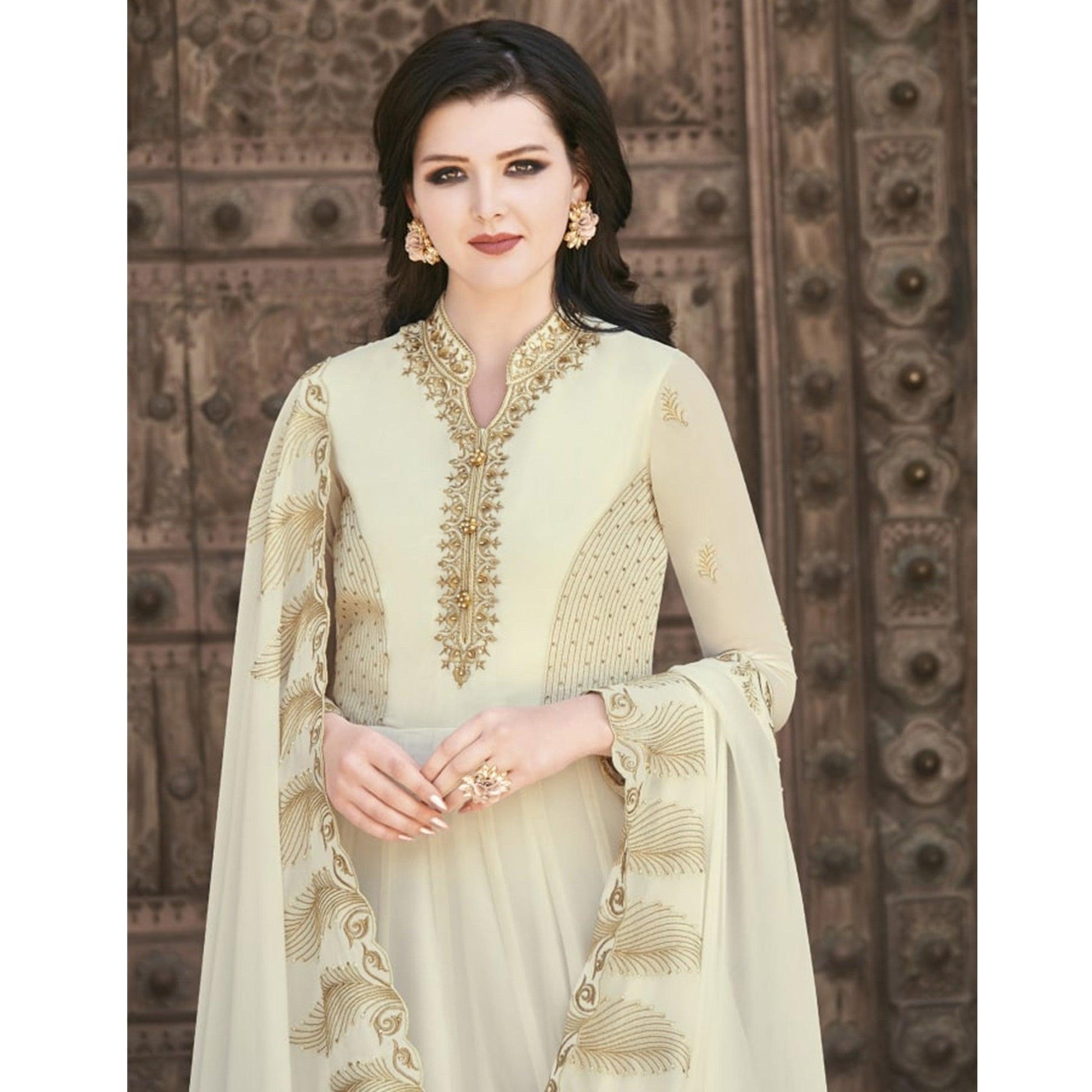 Cream Partywear Embroidered Soft Georgette Suit
