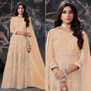 Cream Partywear Embroidery With Embellished Net Gown