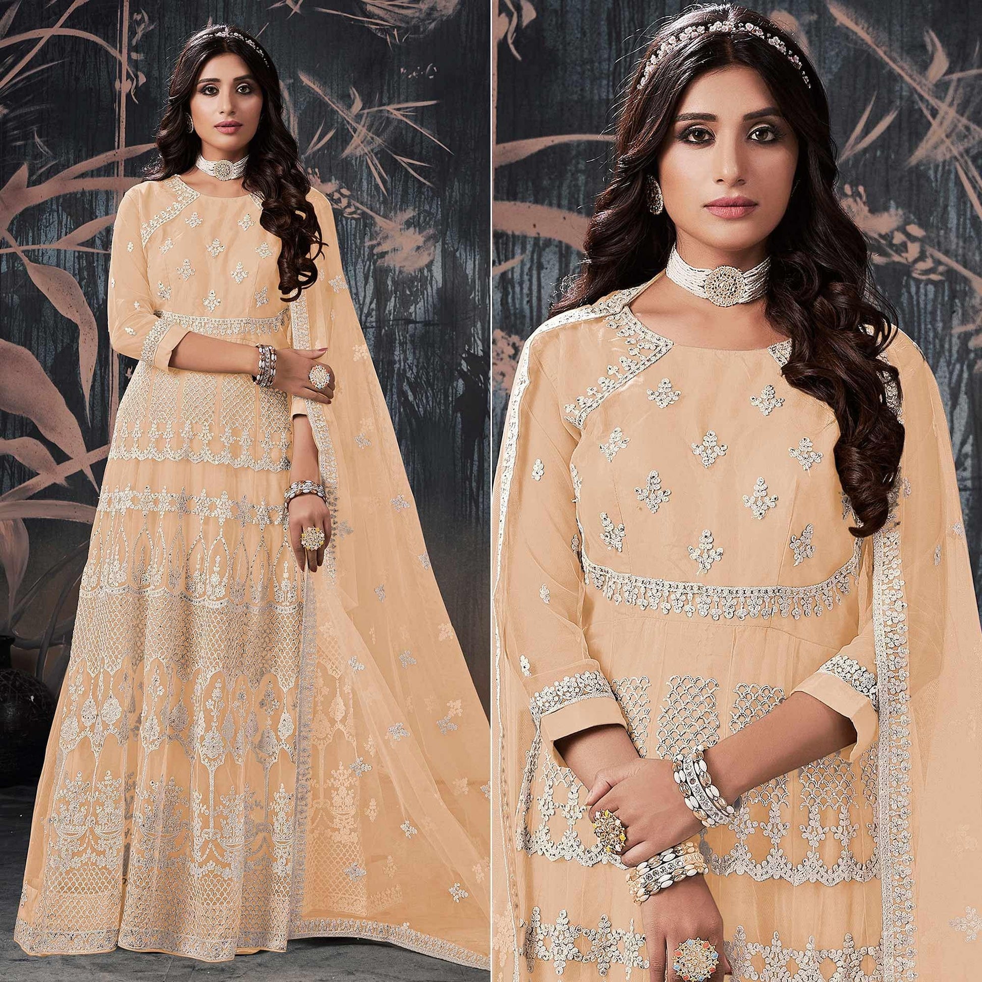 Cream Partywear Embroidery With Embellished Net Gown