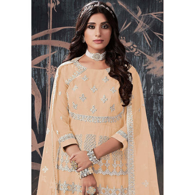 Cream Partywear Embroidery With Embellished Net Gown