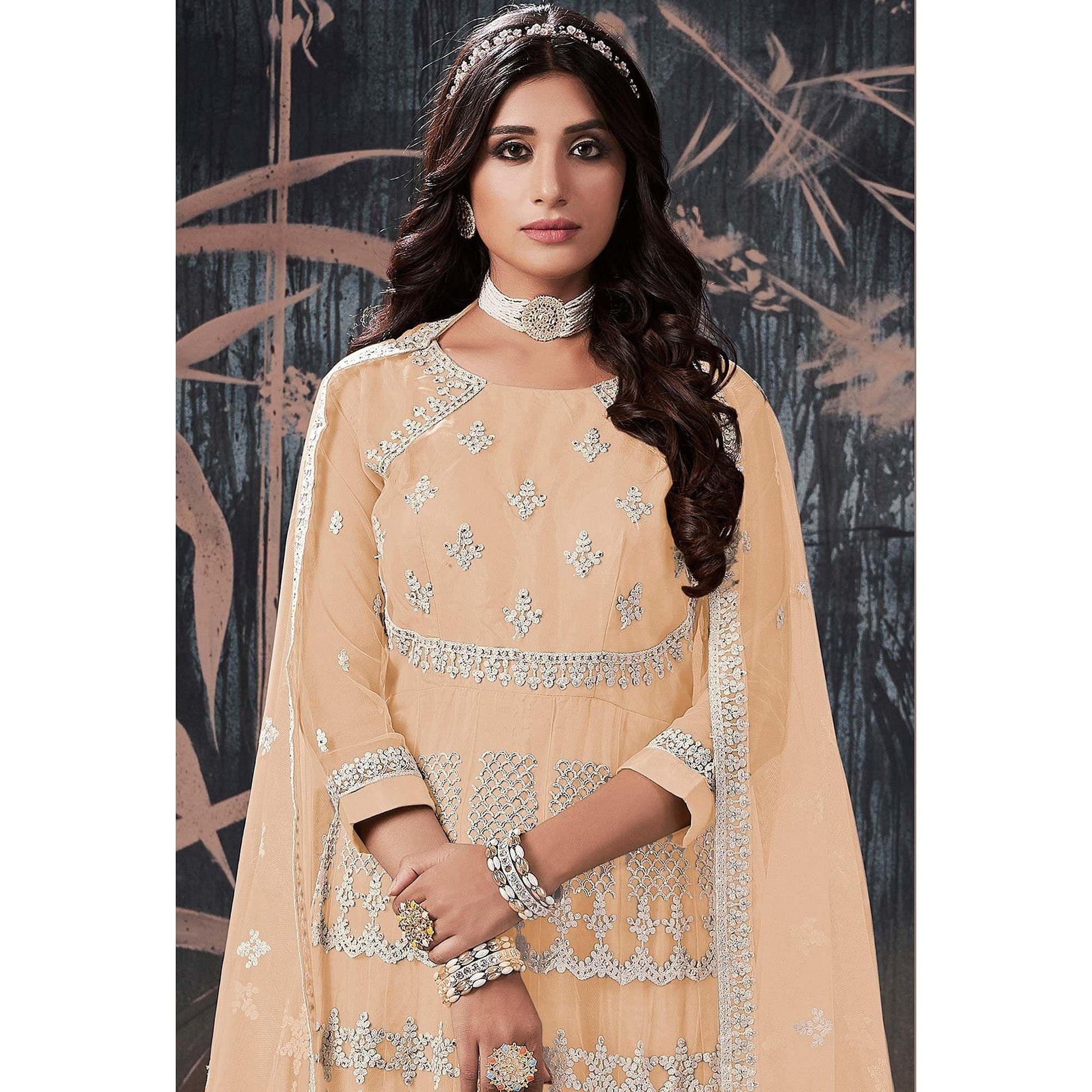 Cream Partywear Embroidery With Embellished Net Gown