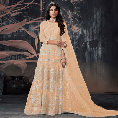 Cream Partywear Embroidery With Embellished Net Gown