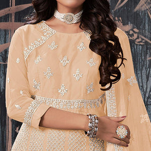 Cream Partywear Embroidery With Embellished Net Gown