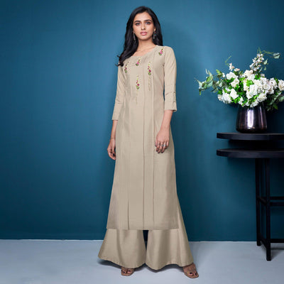 Cream Partywear Floral Embroidered Handwork Silk Kurti Palazzo Set